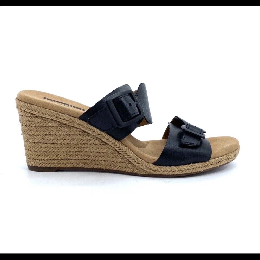 Clarks Espadrille Wedge Black Sandal Leather Straps size 7